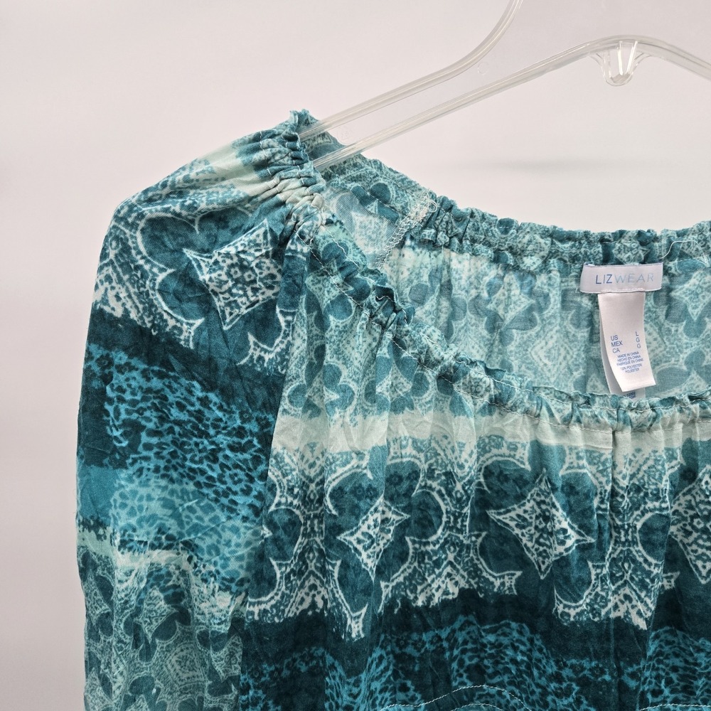 LizWear Women's Printed Blouse Cinched Neckline Long Sleeve Blue Size Large